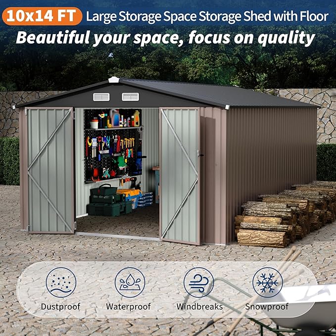 10X14 Ft Outdoor Metal Storage Building, Secure Lockable Door & Air Ventilation System, Premium Metal Tool Shed for Garden, Backyard, Patio, Ideal for Lawn Equipment & Tools