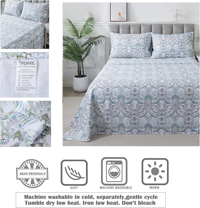 FADFAY Blue Paisley Sheets Set Full Classic Boho Paisley Bedding Luxurious Bohemian Damask Paisley Bed Sheet Breathable 100% Egyptian Cotton 800 Thread Count Deep Pocket Fitted Sheet 4Pcs, Full Size