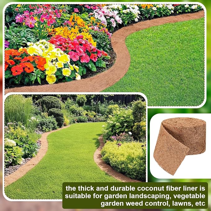 Tinideya 6 Pcs Natural Mulch Roll for Landscaping 118'' x 4.5'' Per Roll Coconut Fiber Mulch Mat with 60 U-Shaped Steel Stakes Cuttable Coconut Liner for Garden Edgings Wrap Trunk Planter Pet Pad