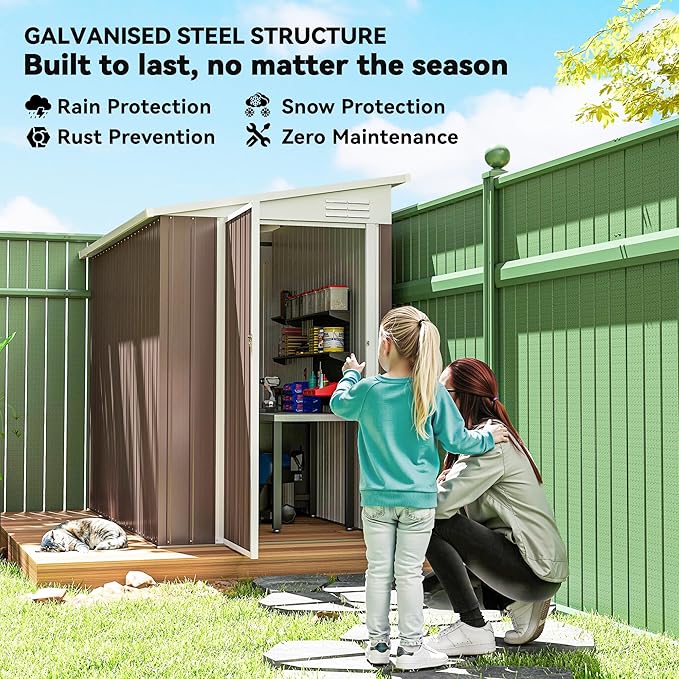 Outsunny 4' x 8' Metal Outdoor Storage Shed, Lean to Storage Shed, Garden Tool Storage House with Lockable Door and 2 Air Vents for Backyard, Patio, Lawn, Brown