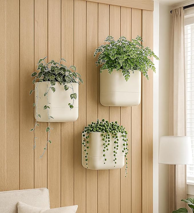 Phoenix Vine 6.5 Inch Wall Mounted Self-Watering Planter Pots for Indoor Houseplants and Herbs | Hanging Planter for Window Sills, Bathroom Walls, Home & Office Décor, Oatmeal, Set of 3, 01-C-G-3
