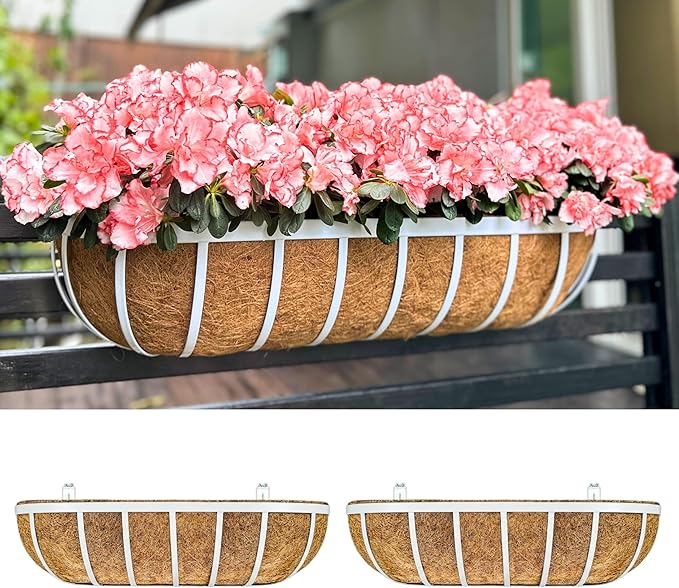 LaLaGreen Deck Railing Planters (2 Pack, 24 Inch) White Metal Large Rectangular Window Flower Box with Coco Liner, Wall Hanging Planter for Outdoor Plants Deck Fence Balcony Patio Porch Garden Decor