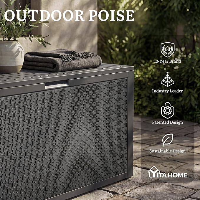 YITAHOME 90 Gallon Outdoor Storage Deck Box, Waterproof Resin Deck Box w/Handles, Lockable Outdside Deck Box for Patio Furniture, Garden Tools, Lockable & UV Resistant(Dark Gray)