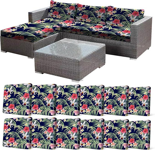 CALBODE 12 Pcs Stretch Outdoor Seat Cushion Covers, Washable Chair Seat Cover for Patio Furniture Cushions Soft Indoor and Outdoor Couch Cover Replacement (Tropical Floral,Black, Cover Only)