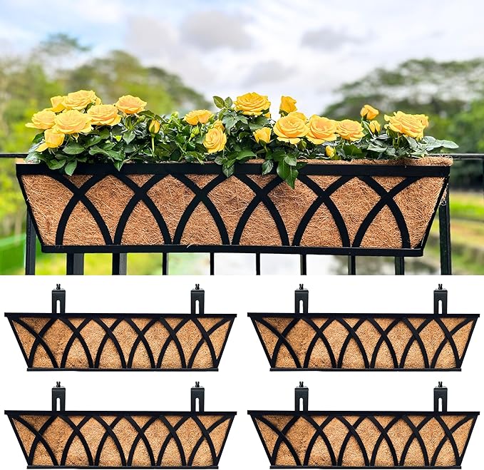 LaLaGreen Railing Planter Boxes (24 Inch, 4 Pack) Black Metal Rectangular Window Flower Box with Coco Liner, Wall Hanging Planters for Outdoor Plants Bracket Holder Deck Rail Fence Balcony Patio Porch