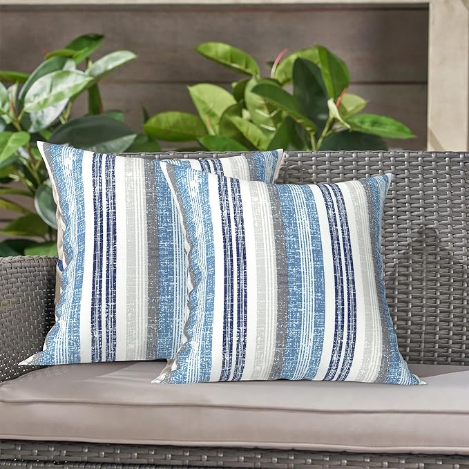LVTXIII 2 Pack Outdoor Throw Pillow Covers for Patio Furniture, 16x16 Inch Square Pillow Case, Water-Repellent Cushion Covers for Garden, Porch, Sofa, Stripe Layered Blue