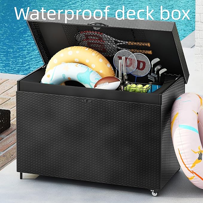 230 Gallon Wicker Deck Box - Waterproof Outside Storage Box with Wheels - Outdoor Bench for Indoor & Outdoor Use, Storage Bin for Patio Furniture, Pool Storage and Garden Tools - Black