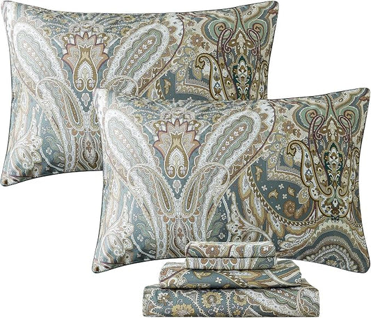 FADFAY Paisley Sheets Set King Classic Boho Paisley Bedding Luxurious Bohemian Damask Paisley Bed Sheet Set Breathable 100% Egyptian Cotton 800 Thread Count Deep Pocket Fitted Sheet 4Pcs, King Size