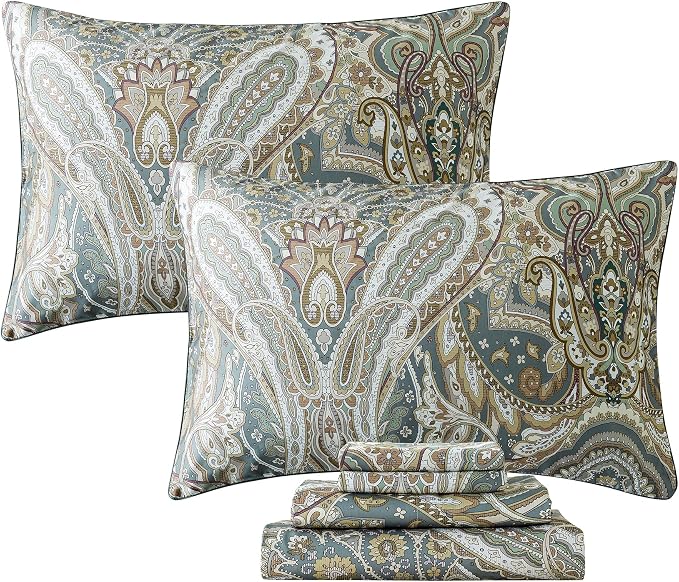 FADFAY Paisley Sheets Set Queen Classic Boho Paisley Bedding Luxurious Bohemian Damask Paisley Bed Sheet Set Breathable 100% Egyptian Cotton 800 Thread Count Deep Pocket Fitted Sheet 4Pcs, Queen Size