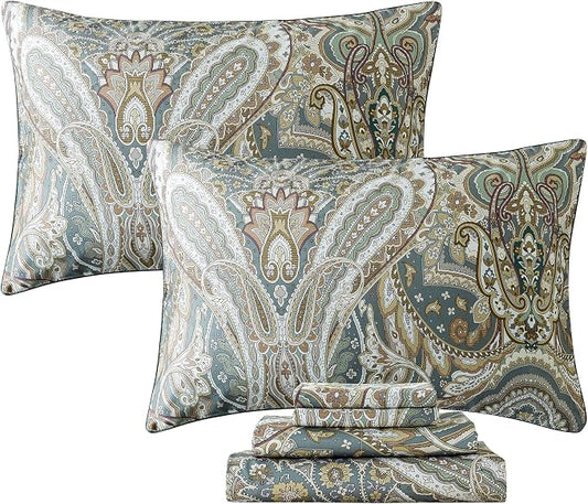 FADFAY Paisley Sheets Set Queen Classic Boho Paisley Bedding Luxurious Bohemian Damask Paisley Bed Sheet Set Breathable 100% Egyptian Cotton 800 Thread Count Deep Pocket Fitted Sheet 4Pcs, Queen Size