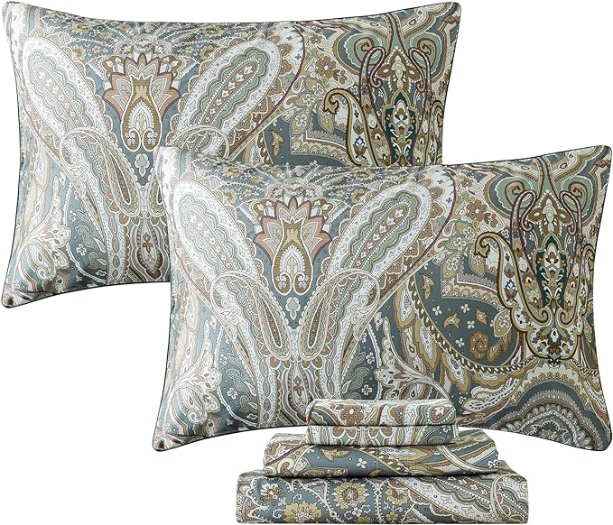 FADFAY Paisley Sheets Set Full Classic Boho Paisley Bedding Luxurious Bohemian Damask Paisley Bed Sheet Set Breathable 100% Egyptian Cotton 800 Thread Count Deep Pocket Fitted Sheet 4Pcs, Full Size