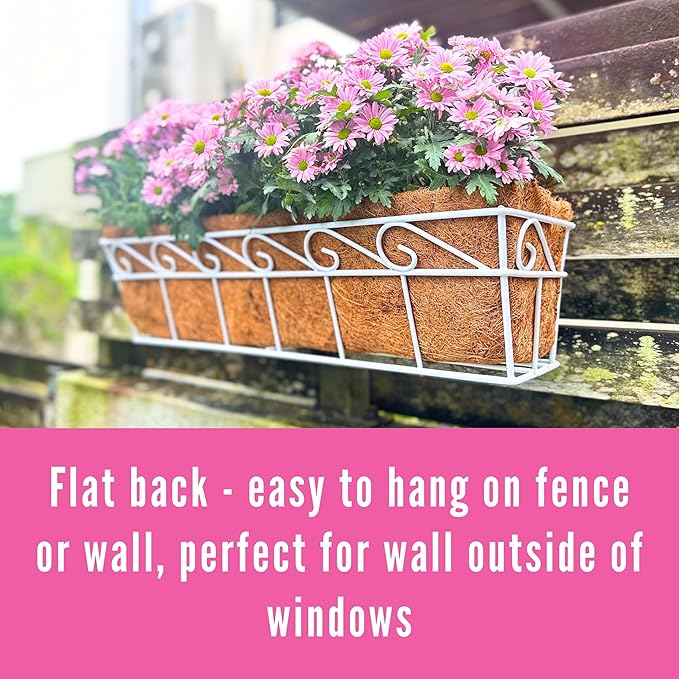 LaLaGreen Wall Mounted Planters - 24 Inch, 2 Pack White Window Flower Boxes Basket Outdoor, Balcony Planter Over the Rail, Deck Railing Hanging with Coco Liners, Metal Horse Troughs Fence Patio Porch
