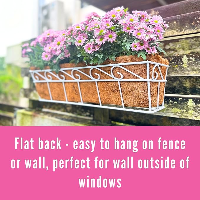 LaLaGreen Wall Mounted Planters (2 Pack, 30 Inch) Window Flower Boxes Basket Outdoor, Balcony Planter Over the Rail, Deck Railing Hanging with Coco Liners, White Metal Horse Troughs Fence Patio Porch