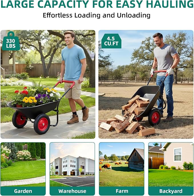 2 Wheel Wheelbarrow, Dual-Wheel Garden Dump Cart with 13" Non-Slip Pneumatic Tires & Ergonomic Padded Handle, Heavy-Duty Home Utility Yard Cart Wagon with 4.5 Cu Ft Capacity for Lawn, Gardening