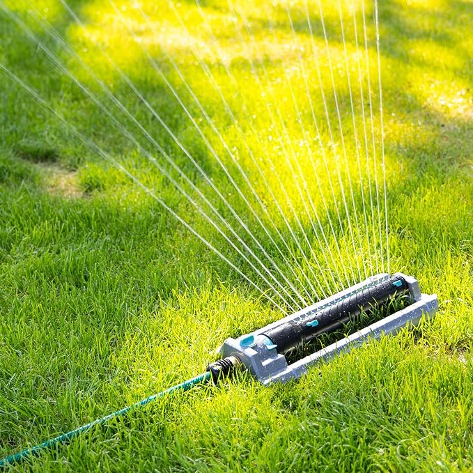 QUOBAS 2 Pack Heavy Duty Oscillating Sprinkler, 18-Hole Nozzle with Zinc Alloy Metal Base, Adjustable Flow Control & Spray Width, with Cleaning Pin, Garden, Yard