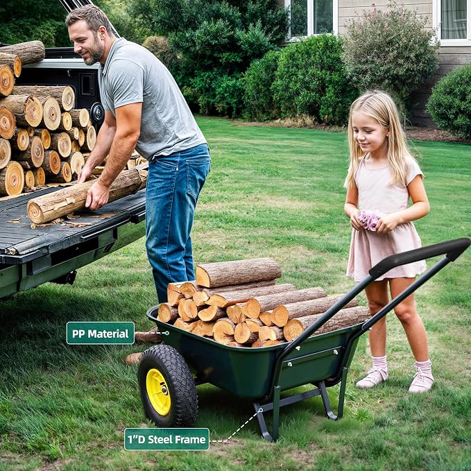 2 Wheel Wheelbarrow, Dual-Wheel Garden Dump Cart with 10" Non-Slip Pneumatic Tires & Ergonomic Padded Handle, Heavy-Duty Home Utility Yard Cart Wagon with 3 Cu Ft Capacity for Lawn, Gardening