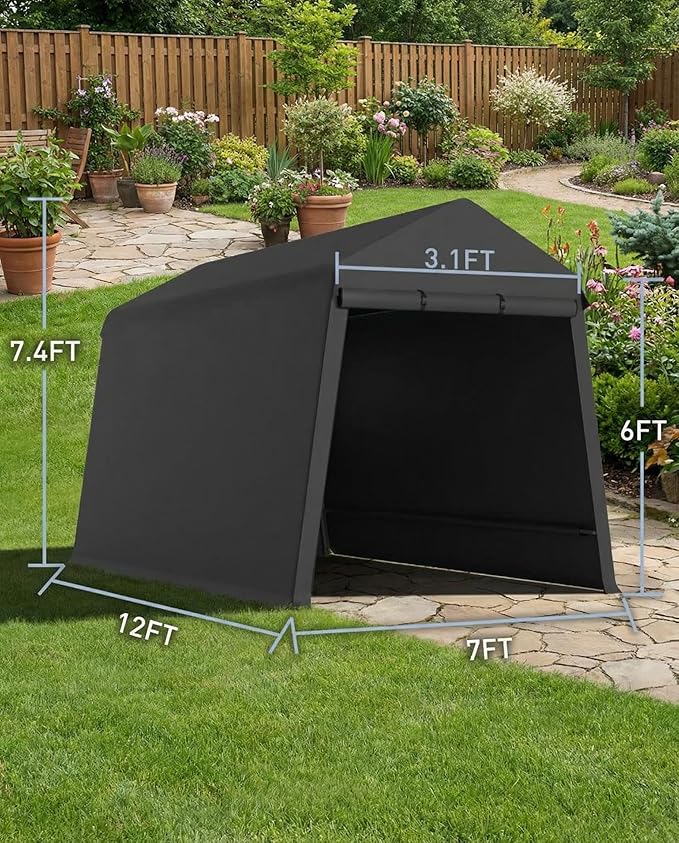 Garvee 7X12 Ft Outdoor Storage Shed, 2 Rolled Up Zipper Doors Portable Storage Shed, Waterproof Cover Vents Carports Temporary Shelter for Bike, Motorcycle, Gardening Tools, Generator, Black