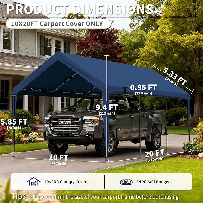 Carport Replacement Canopy Cover 10'x20' for Tent Top Garage Shelter Cover, 800D Heavy Duty Oxford Waterproof & UV Protected Car Canopy Tarp with Ball Bungees (Frame is not Included)