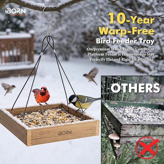 iBorn Platform Bird Feeder Tray, Chew Proof Bird Feeders for Outdoors Hanging, Flat Birdfeeder Tray with Large Capacity 3LBS, WPC Recycled Plastic & Cedar Look, Waterproof, 10.5"x10.5", Raw