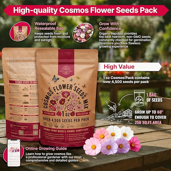 Cosmos Flower Seeds Pack 1 oz - 4,500 Non-GMO Heirloom Annual Seeds for Planting Indoor & Outdoor Gardening, Flower Seed for Garden in Resealable Packet, Floral Mix for Pollinators Perennial Mix