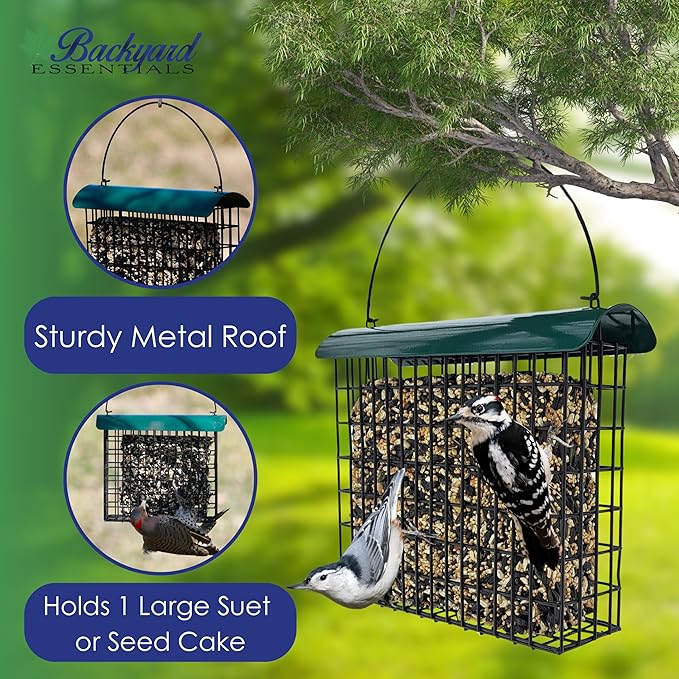 Large Suet Feeder - Metal Woodpecker Suet Cage with Metal Roof - Holds 1 Large Seed Cake