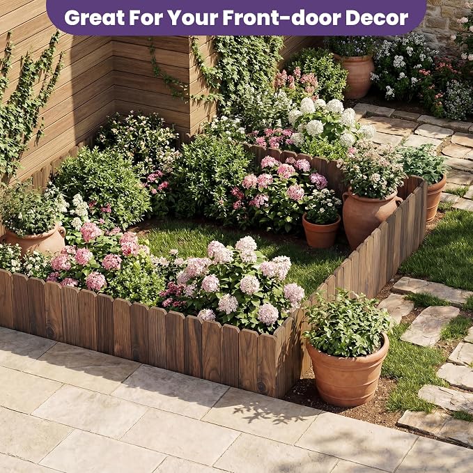 Garden Wooden Fence Edging, Burnt Wood Finish, Fir Wood,Outdoor Lawn Landscape Border (1, 7.87" Height)