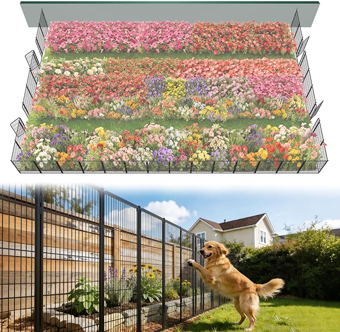 FXW Garden Fence Outdoor for the Yard – 40in(H) x 72.9ft(L) Heavy Duty Metal Animal Barrier for Dog, No Dig Decorative Dog Fence, 32 Panels, Black