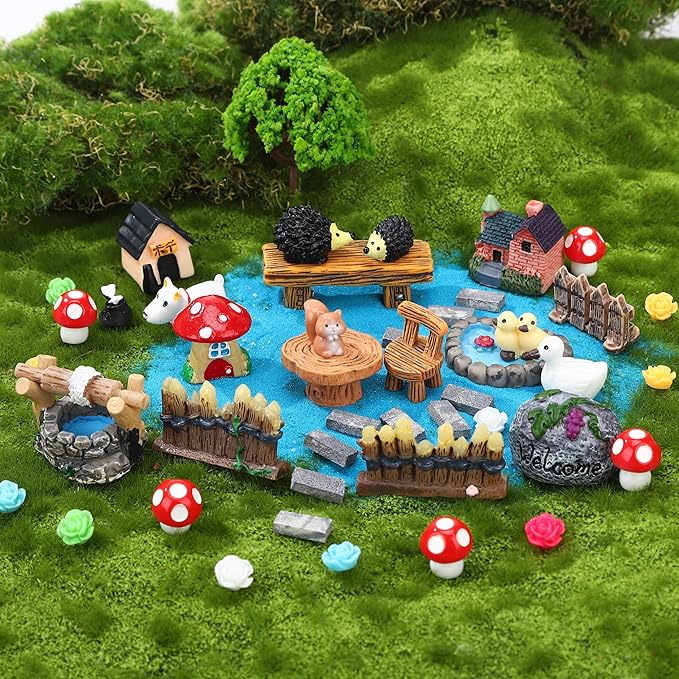 45 Pcs Fairy Garden Accessories Miniatures Garden Kit with Animals, Mushroom House & Trees Miniature Accessories for Terrarium, Dollhouse & Outdoor Decor