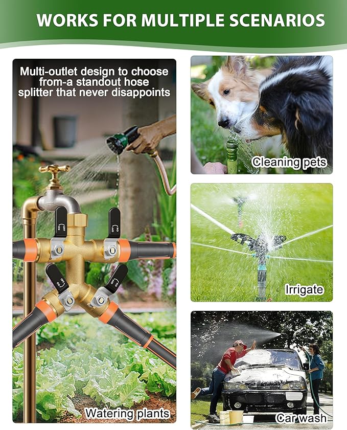 4 Way Hose Splitter, Heavy Duty Brass Garden Hose Splitter, Water Hose Bib Spigot Splitter with 0.59" Full Flow Ball Valve Outlet & Shut-Off Valve 3/4'' Connector Outdoor Water Faucet Adapter