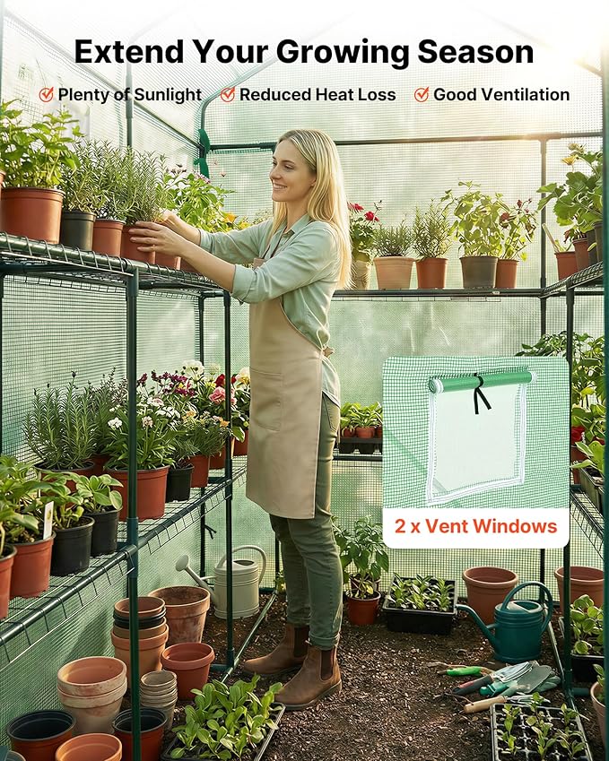 VEVOR Walk-in Greenhouse, 54" x 81.1" x 77.2" Greenhouse for Outdoors with Windows, PE Cover, 2 Tiers 14 Shelves, Roll-Up Zipper Door, Walk in Green House, Portable Plant Garden Hot House for Backyard
