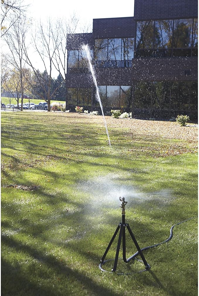 Strongway Tripod Sprinkler with Round Base, 3/4 in. Brass Head with 2 Nozzles, 100 Ft. Diameter Coverage, 7800 Sq. Ft., 6-10 GPM, Adjustable Full and Partial Circle, for Lawn and Garden