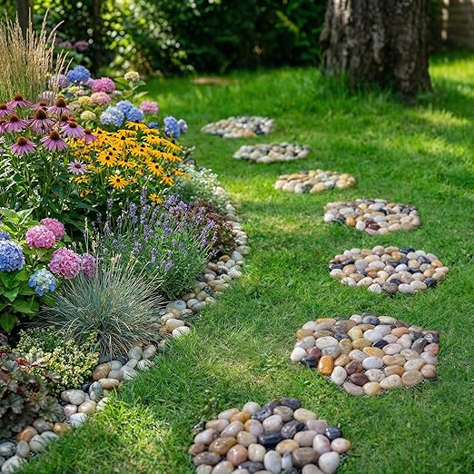 Stepping Stones Outdoor, 12 Inch Natural River Rock Garden Pavers, Set of 6 Round Pebble Stones for Walkway, Yard, Lawn, Patio, Pathway & Landscaping Decor (Hexagon)