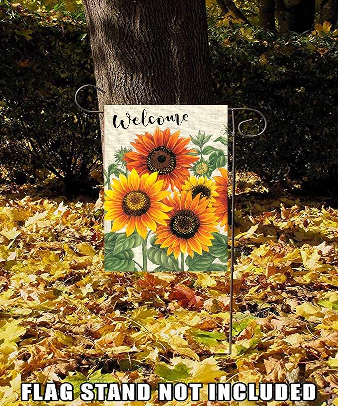 Wamika Welcome Sunflower Fall Autumn Maple Leaves Double Sided Burlap Garden Yard Flag 28" x 40",Summer Fall Sunflowers Flower Farmhouse Burlap Decorative Garden Flags Banner for Outdoor Home