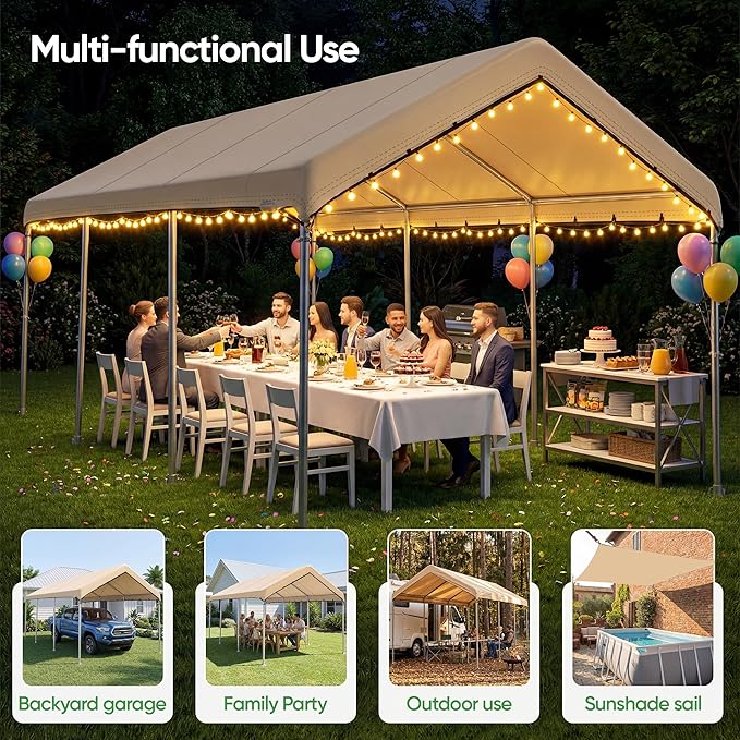 SIHAIAN 11 x 20 Ft Carport Replacement Canopy Cover(No Frame), Easy to Set up Carport Canopy, 500D Heavy-Duty Garage Top Tent Shelter Tarp Waterproof and UV Protected (Only Canopy Cover)