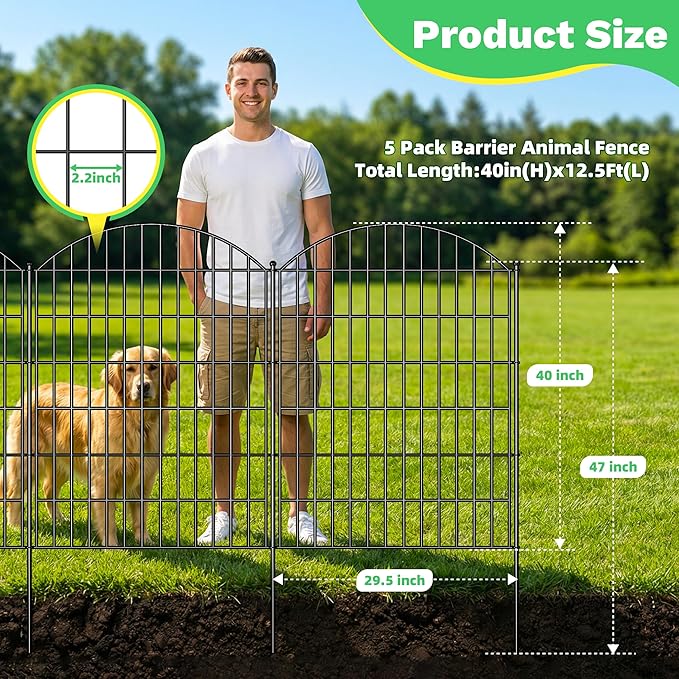 Toolterritary 5 Panels Arched No Dig Decorative Garden Fence with Gate, 40in(H) x 12.5ft(L) Dog Fence Outdoor for Yard, Rustproof Metal Garden Fence Animal Barrier for Dogs, Rabbits & Patio