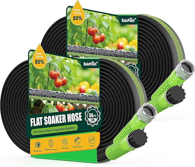 RAINPOINT 100FT Flat Soaker Hose for Garden (50FT x 2 Pack), Flexible & Leakproof Drip Hose with Anodized Aircraft Aluminum Fittings, Saves Up to 80% Water, Green