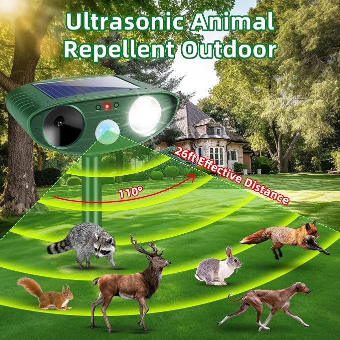 4 Pack Upgraded Sonic Fortress Pro Deer Repellent Devices Waterpfoof Ultrasonic Cat Squirrel Rabbit Racoon Deterrent Outdoor with Motion Sensor & Strobe Light-Solar Animal Repellent for Garden Yard