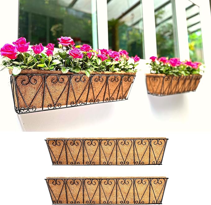LaLaGreen Outdoor Wall Planters - 2 Pack, 30 Inch Deck Railing Hanging Pot, Over the Rail Window Flower Boxes Black Plant Basket Attach to House with Coco Liner Metal Fence Balcony Patio Porch
