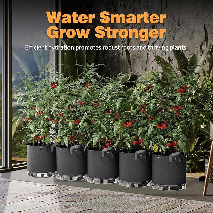 Patigrow Self-Watering Grow Bags, 5-Pack 7 Gallon 420G Thick Nonwoven Fabric Pots with Reinforced Handles and Multi-Purpose Rings, for Low Stress Plant Training Fruits, Vegetables,and Flowers