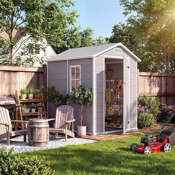 Resin Outdoor Storage Sheds 4x6 ft, Upgraded Double-Wall Outdoor Plastic Shed with Window & Double Doors, Waterproof Lockable Garden Shed (Light Gray, 4 X 6 ft)