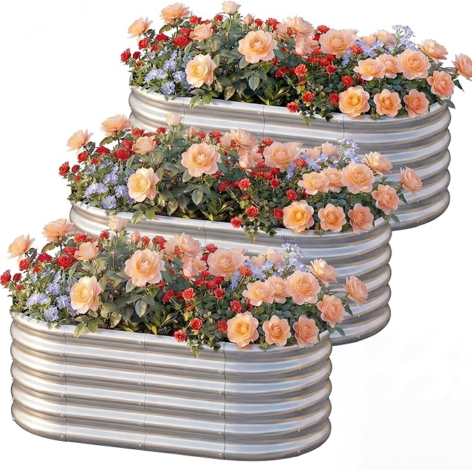 AHEONLAR 3 Pack 4×2×1.5ft Galvanized Raised Garden Bed Outdoor, Sturdy Planter Boxes for Vegetables, Fruits, Flowers and Plants, Easy Assembly, Silver