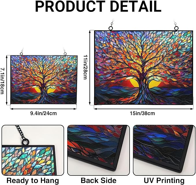 Rectangle Tree of Life Stained Glass Window Hanging, 15" W X 11" H Stained Glass Panel with Chain, Suncatchers for Windows Hanging Decorations, Gifts for Mom, Grandma, Wife, Sister