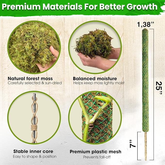DUSPRO 2 Pack 25’’ Mesh Moss Pole for Climbing Plants, Natural Moss Pole Monstera Plant Support, Real Moss Poles for Plants Indoor, Moss Stick for House Plants, Moss Stakes for Climbing Plants