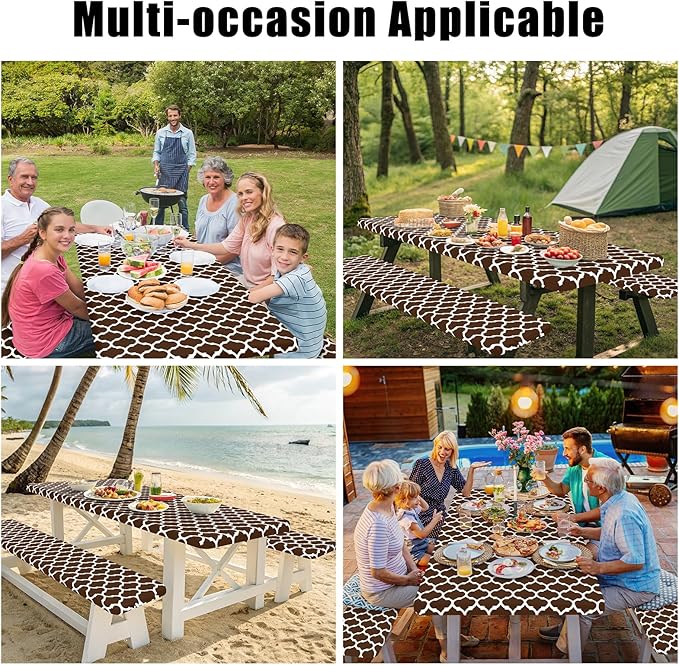 Smiry Picnic Table Cover with Bench Covers, Waterproof Elastic Fitted Tablecloth for 6 Foot Tables, Washable Polyester Tablecloths for Camping, Indoor & Outdoor (Coffee, 30x72 Inch 3-pc Set)