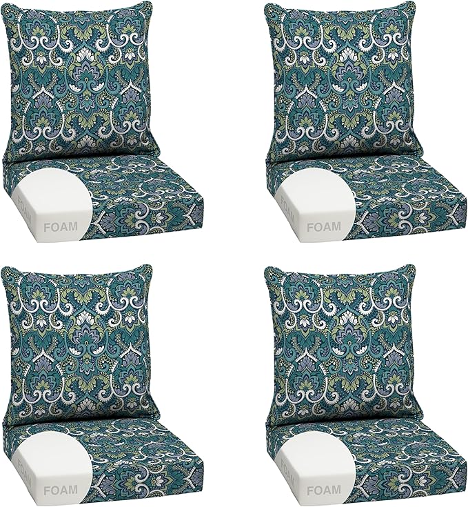 Arden Outdoor Foam Deep Seat Cushion Set (4-Pack), 24x24, Premium High-Density Foam, Never Flattens, Weather-Proof for Patio Chair Sofa Couch, Sapphire Aurora Blue Damask
