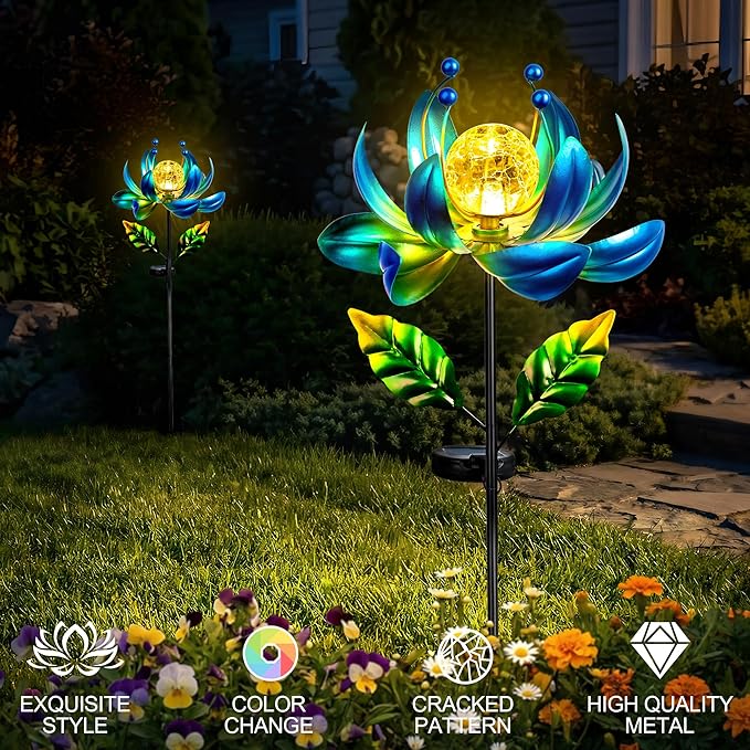 Solar Wind Spinners Outdoor Metal Kinetic Lotus Flower, Pinwheels for Yard and Garden Decor with Warm Crackle Glass Globe, 360° Spinning Yard Art Sculpture