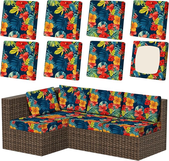 8Pcs Patio Cushion Covers, Stretch Couch & Sofa Replacement Slipcovers for Patio Furniture Cushion Covers, Washable Reusable Furniture Protector, Square Large, Big Flower