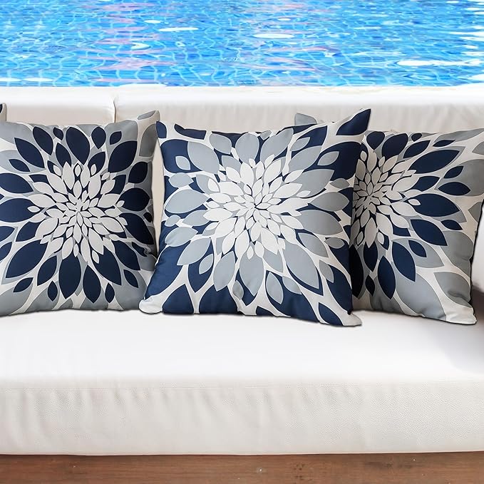 Qahing Pack of 4 Outdoor Waterproof Pillow Covers 18x18 Decorative Outdoor Throw Pillows Garden Square Cushion Cases for Patio Furniture, Couch, Tent Sunbrella, Bench, Navy Blue Grey