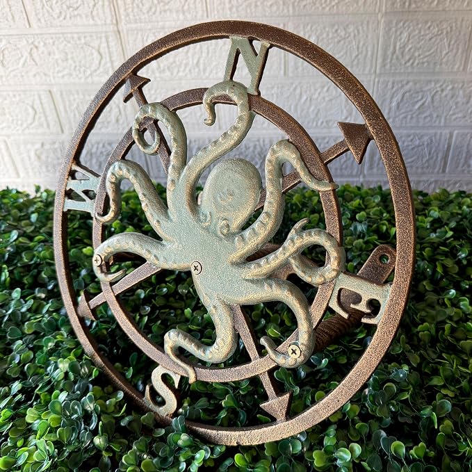 Zeckos 11.75 Inch Cast Iron Octopus Compass Rose Garden Hose Holder, Bronze Verde Patina Nautical Outdoor Wall Mounted Decorative Hose Hanger for Yard, Garden, Patio or Beach House