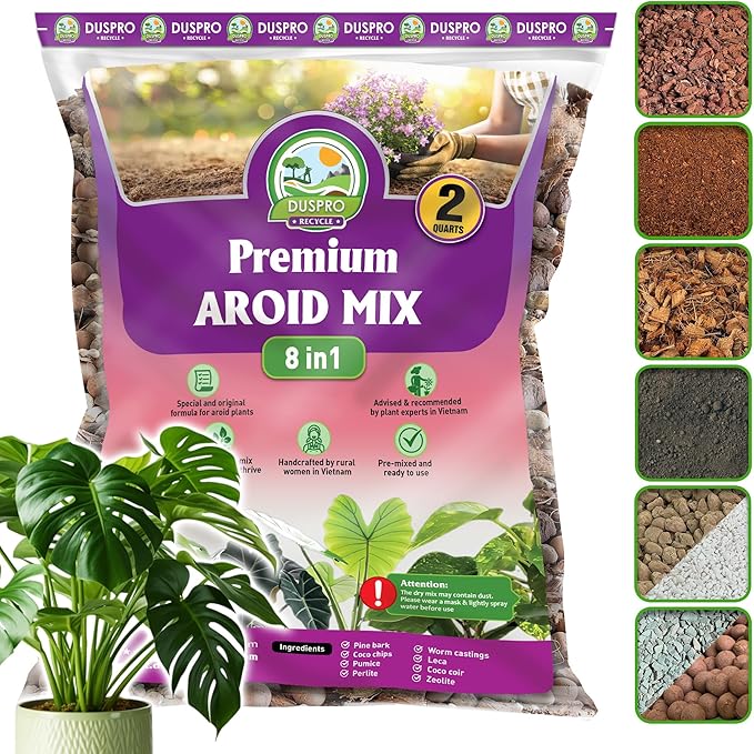 DUSPRO Recycle 8in1 Aroid Potting Mix Pre-Mixed Indoor Potting Soil for Aroid Plants, Chunky Soil Mix for Indoor Plants with Pine Bark,Pumice, Coir, Coco Chips, LECA,Perlite, Zeolite,Worm Castings 2QT
